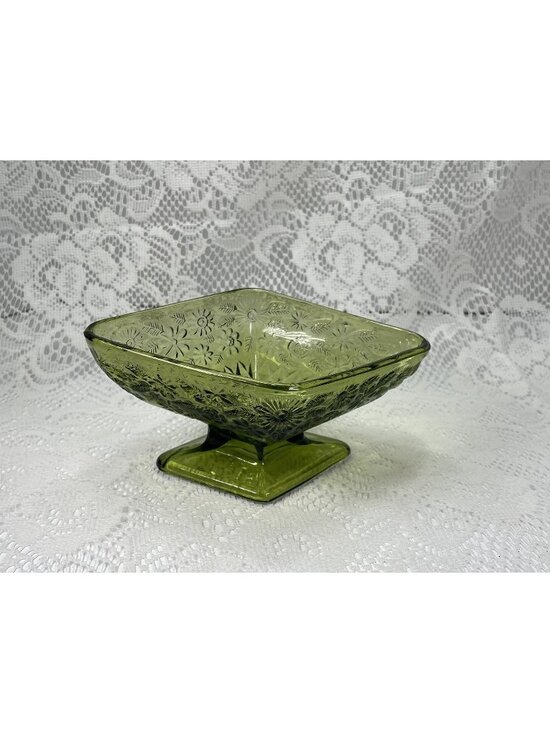 Indiana Glass Other - Vintage Green Indiana Glass Daisy Floral Candy Dish, Diamond Shaped Dish